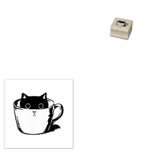 Black kitten with red nose hiding in a cup rubber stamp