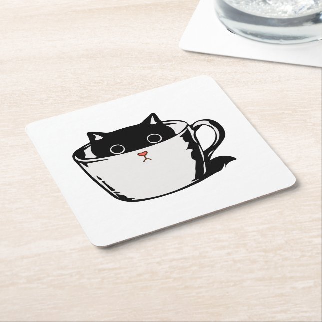 Black kitten with red nose hiding in a cup square paper coaster (Angled)