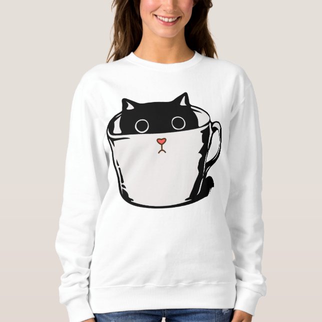 Black kitten with red nose hiding in a cup sweatshirt (Front)
