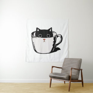 Black kitten with red nose hiding in a cup tapestry