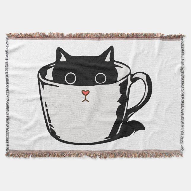 Black kitten with red nose hiding in a cup throw blanket (Front)