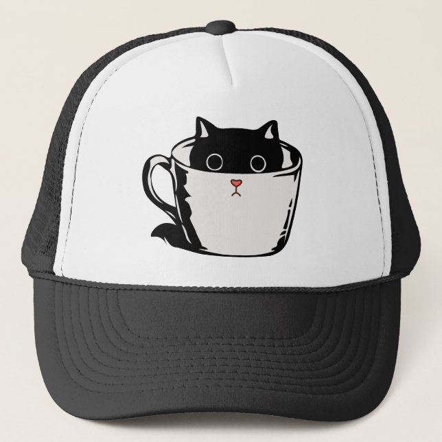 Black kitten with red nose hiding in a cup trucker hat (Front)