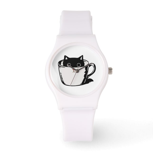 Black kitten with red nose hiding in a cup watch (Front)