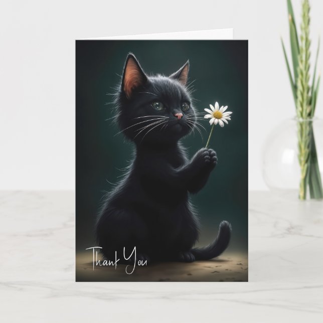 Black Kitten With White Daisy Thank You Card (Front)