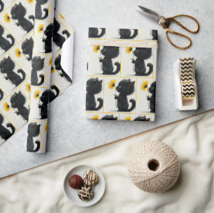 Black Kitten With Yellow Daisy Wrapping Paper