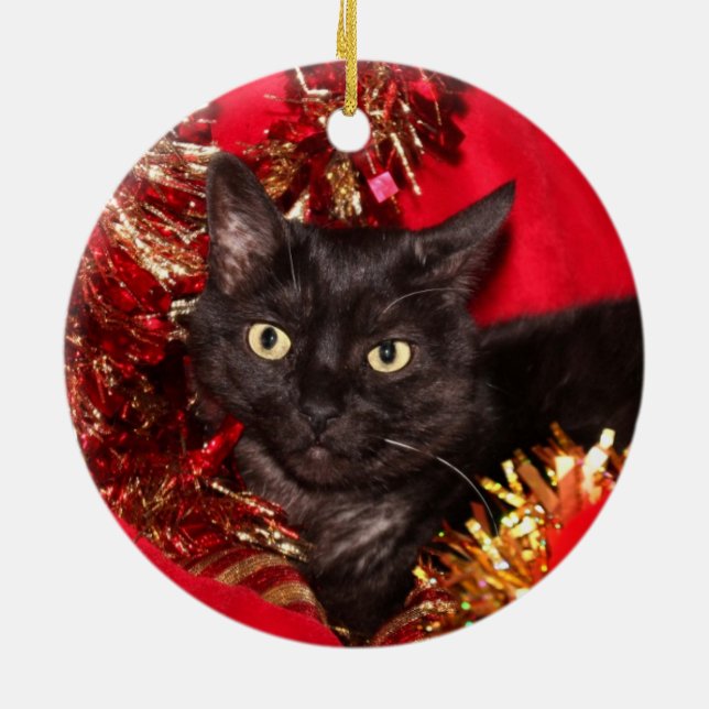 Black kitty cat Christmas Ceramic Tree Decoration (Back)