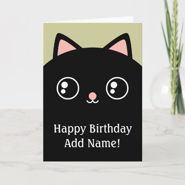 Black Kitty Cat Face Happy Birthday Custom Card (Front)
