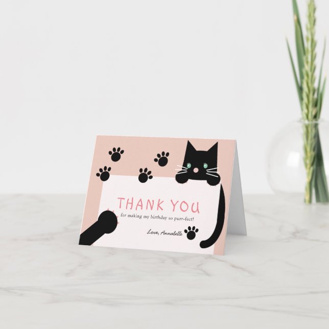 Black Kitty Cat Girl Pink Birthday Thank You Card (Front)