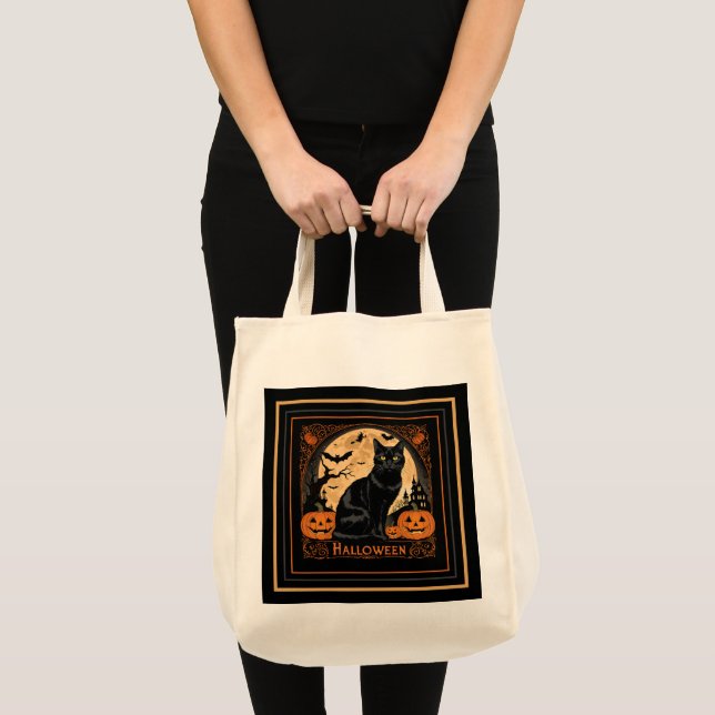 Black Kitty Cat Halloween Tote Bag (Front (Product))
