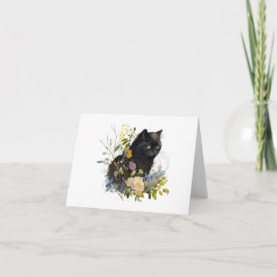 Black Kitty Cat with Flowers BLANK  Card