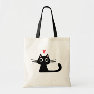Black Kitty Cat with Valentine Heart Tote Bag