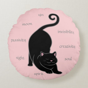 Black Kitty Cat Yoga & Editable Text on Pink Round Cushion