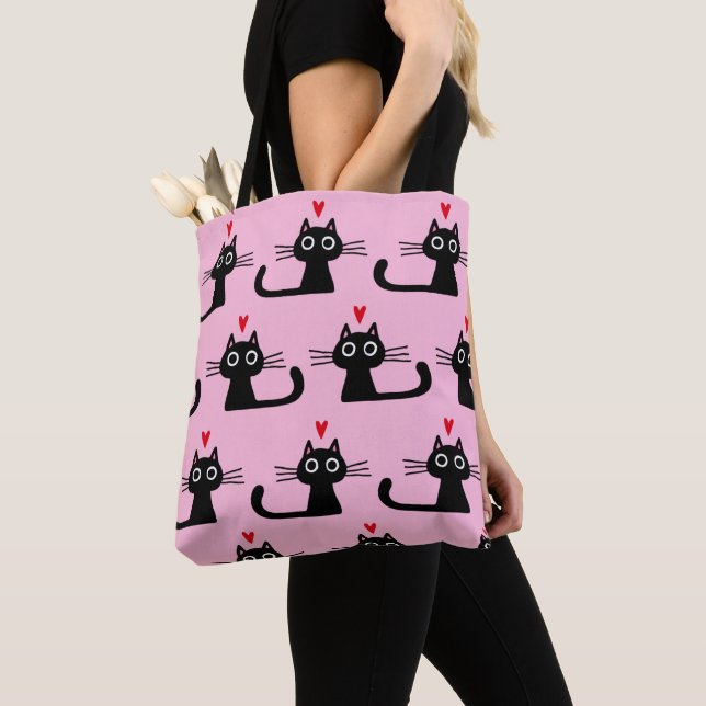 Black Kitty Cats with Valentine Hearts Tote Bag (Close Up)