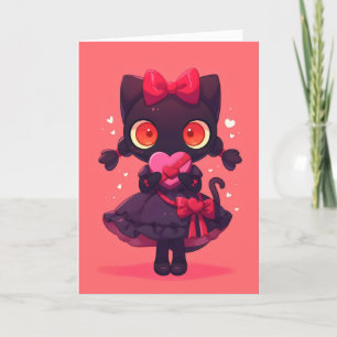 Black Kitty Girl Anime Love Holiday Card
