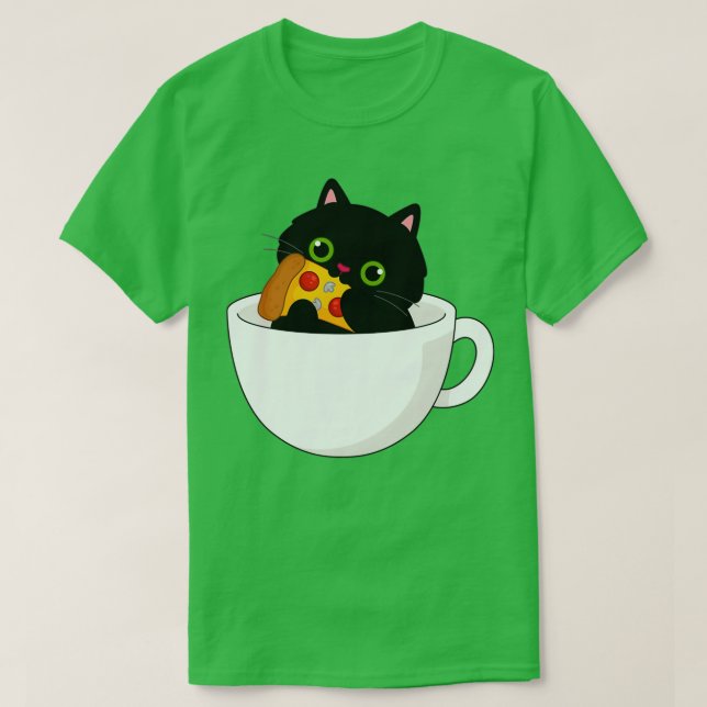 Black Kitty In Tea Cup Nom Nom On Pizza T-Shirt (Design Front)