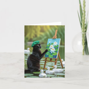 Black Kitty Painting Water Lilies Thank You Card