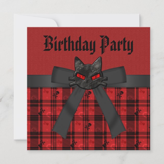 Black Kitty & Skulls Black & Red Plaid Birthday Invitation (Front)