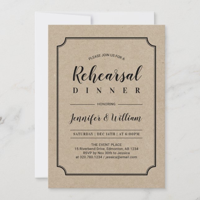 Black & Kraft | Classic Wedding Rehearsal Dinner Invitation (Front)