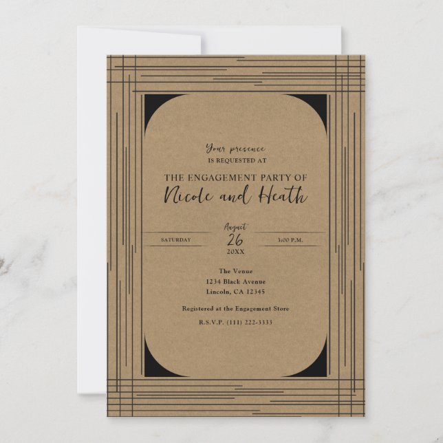 Black Kraft Minimal Modern Lines Engagement Party Invitation (Front)