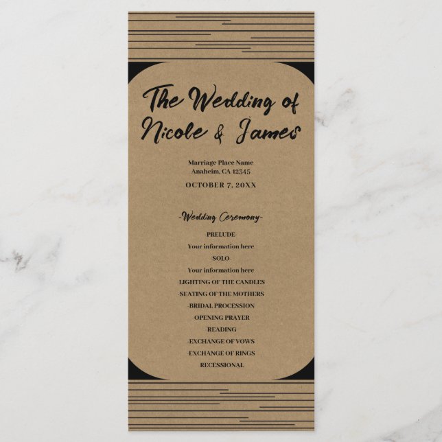 Black Kraft Minimal Modern Lines Wedding Program Programme (Front)