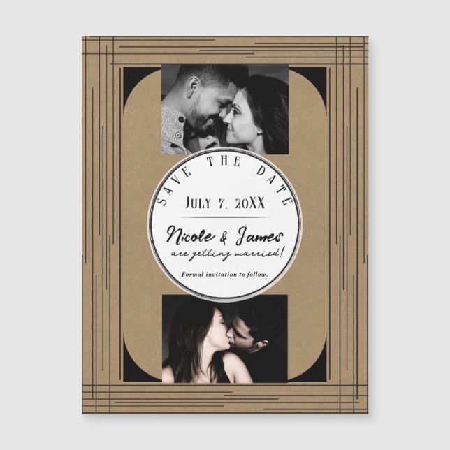 Black Kraft Minimal Modern Lines Wedding Save Date (Front)