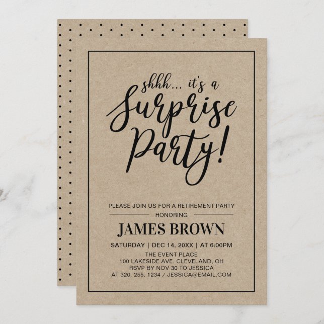 Black & Kraft | Modern Surprise Retirement Party Invitation (Front/Back)