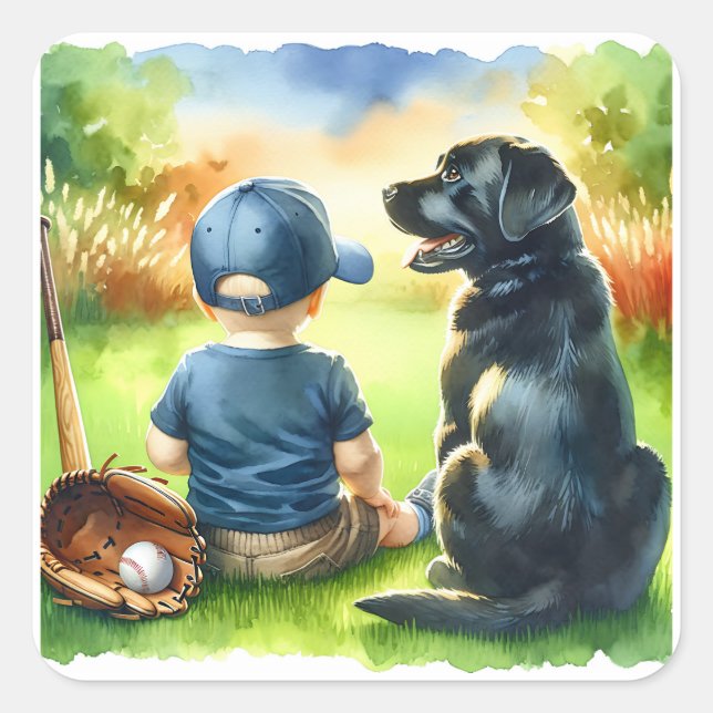 Black Lab and Baby Boy Baseball Themed Baby Shower Square Sticker (Front)