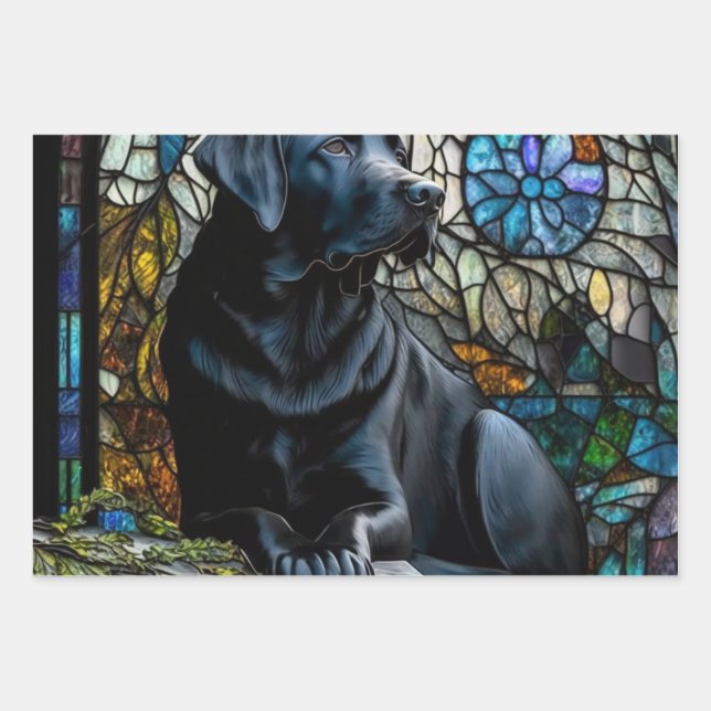 Black Lab Animals Pets Stained Glass Wrapping Pape Paper Sheet (Front)