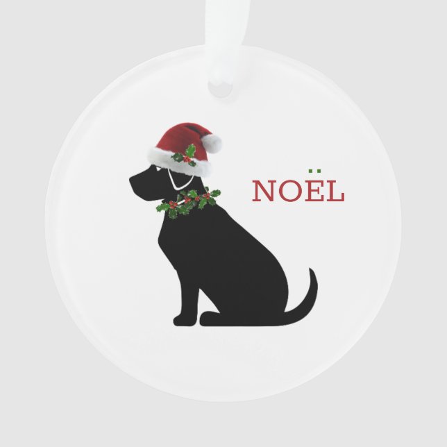 Black Lab Dog Christmas Santa Hat Holly Noel Text Ornament (Front)