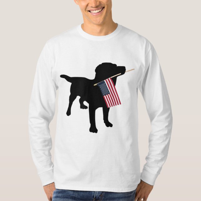 Black Lab Dog Holding July 4th Patriotic USA Flag T-Shirt (Front)