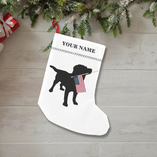 Black Lab Dog holding USA American Flag Christmas Small Christmas Stocking