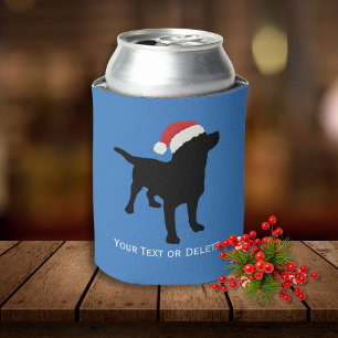 Black Lab Dog wearing Santa Claus Christmas Hat Can Cooler