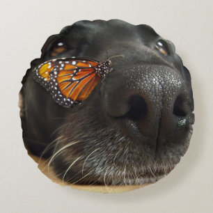 BLack Lab Dog With Butterfly Round Cushion