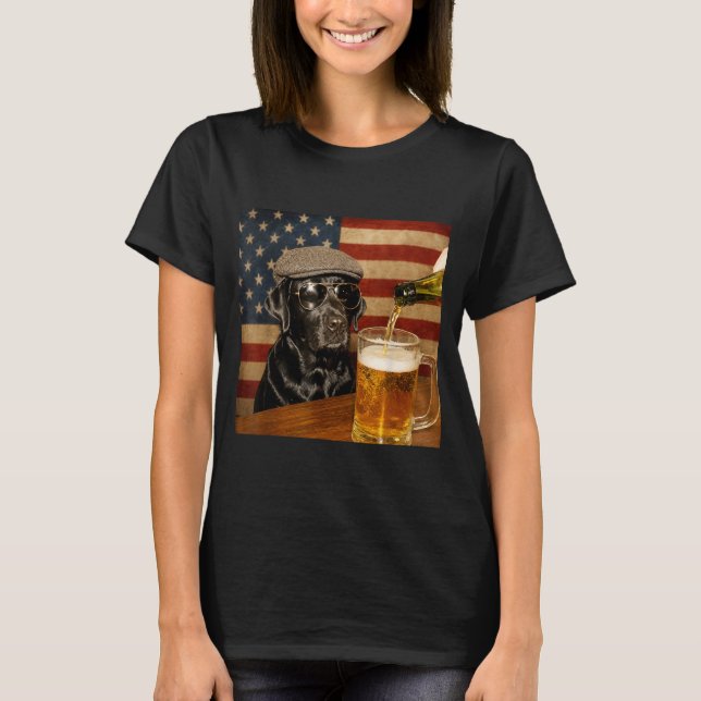 Black Lab Drinking Beer Funny Dog Gles With Hat T-Shirt (Front)
