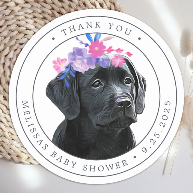Black Lab Girl Baby Shower Thank You Classic Round Sticker (Creator Uploaded)
