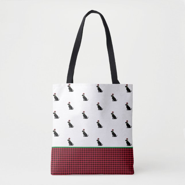 Black Lab Holiday Christmas Santa Hat Gingham Red Tote Bag (Front)