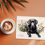 Black Lab in Wildflowers Hello Personalized Postcard<br><div class="desc">Black  lab dog lover postcard with custom text on the front.  Send a note that begins with,  "Hello from .. name" in dark pink script.  Continue your message on the back with your own handwriting.  Light brown wood boards background,  with a sweet labrador retriever lying among the wildflowers.</div>