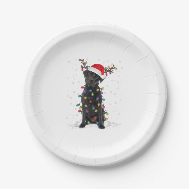 Black Lab Labrador Christmas Tree Light Pajama Dog Paper Plate (Front)