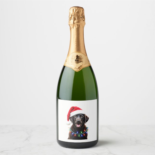 Black Lab Labrador Christmas Tree Light Pajama Dog Sparkling Wine Label (Front)