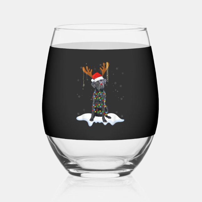 Black Lab Labrador Christmas Tree Light Pajama Dog Stemless Wine Glass (Front)