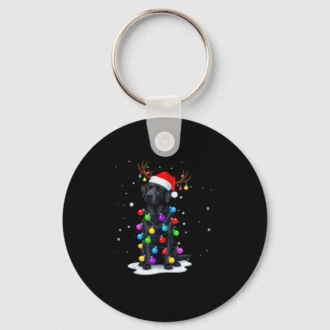 Black Lab Labrador Dog Funny Christmas Lights Rein Key Ring (Front)
