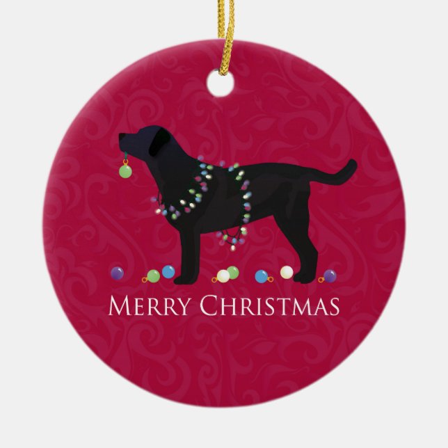 Black Lab Merry Christmas Design Ceramic Tree Decoration (Front)