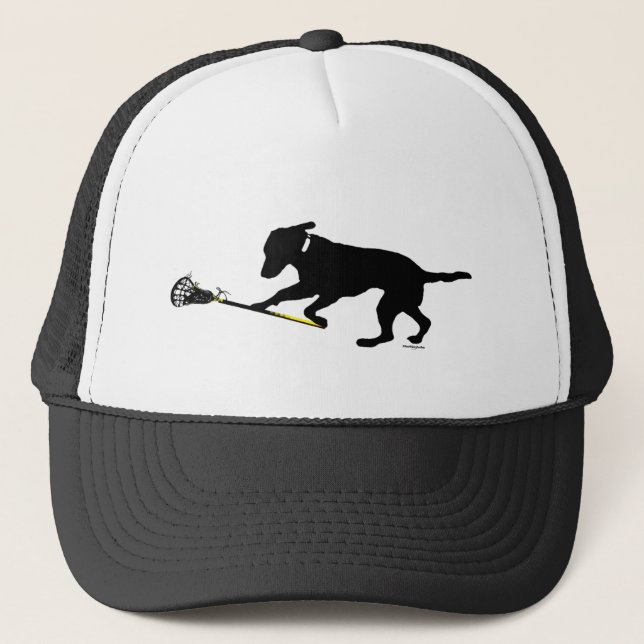 Black Lab Playing Lacrosse Trucker Hat (Front)