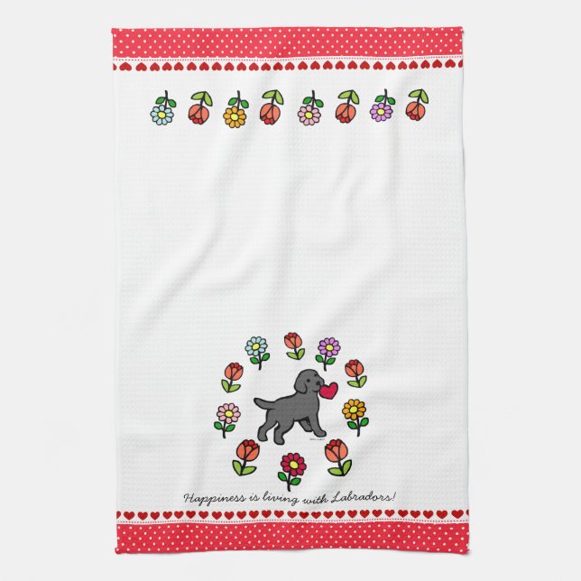 Black Lab Puppy and Red Heart Tea Towel (Vertical)
