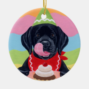 Black Lab Puppy Birthday Cupcake Painting Ceramic Tree Decoration