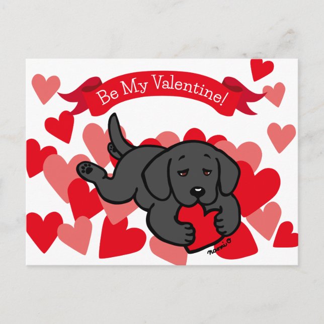 Black Lab Puppy Chewing Heart Valentine Holiday Postcard (Front)