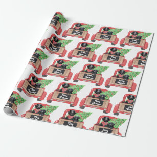 Black Lab Puppy Dog Red Truck Merry Christmas Wrapping Paper