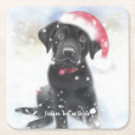 Black Lab Puppy in Christmas Santa hat Custom Text Square Paper Coaster<br><div class="desc">A super cute set of coasters featuring a watercolor rendering of a Black Lab puppy wearing a Santa hat. Or you can replace with your own photo.  Add your text to customise.  Perfect for Lab Moms/Dads and dog lovers.</div>