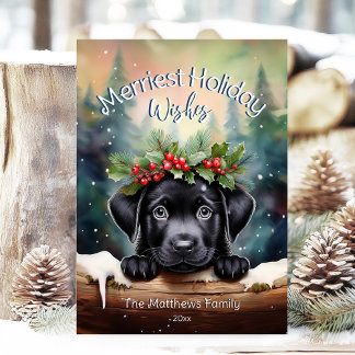Black Lab Puppy in Winter Forest Christmas Wishes Holiday Card