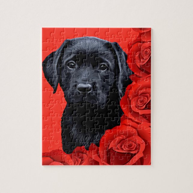 Black Lab Puppy Roses Labrador Retriever Jigsaw Puzzle (Vertical)